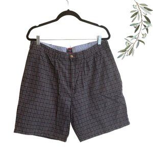 Vintage Bugle Boy Men's Red and Navy Plaid Pleat Front Golf Shorts 36W